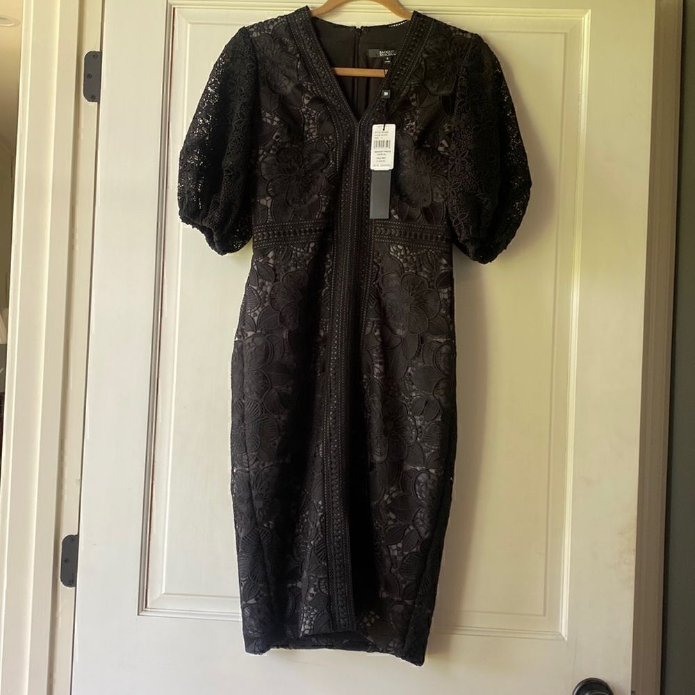 NEW With Tag Floral Lace Detailed Puff Sleeve Midi Dress By Badgley Mischka